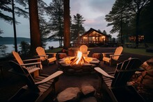 Lakeside Serenity: Adirondack Chairs And Fire Pit With Modern Cabins By The Lake