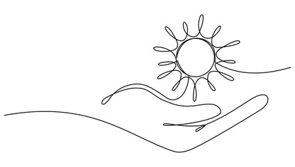 Wall Mural - hand hold sun continuous one line drawn. vector illustration isolated on white.