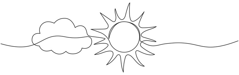 Wall Mural - Sun with cloud continuous one line drawn. Sky linear symbol. Vector illustration isolated on white.