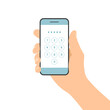 Flat design illustration of manager hand holding smartphone with login screen and entering PIN code