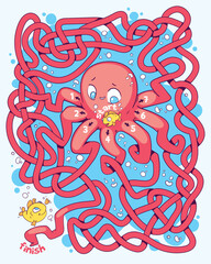 Sticker - Cute octopus with long tangled tentacles. Children logic game to pass the maze. Educational game for kids. Attention task. Choose right path. Funny cartoon character. Vector illustration. Worksheet