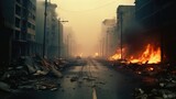 Fototapeta Nowy Jork - Burned City Street with No Life in Apocalyptic Scene generative AI.