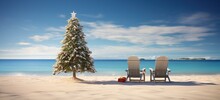 Beach In Western Australia On Christmas Morning, Featuring Beach Chairs And A Sand Christmas Tree Under The Warm Sun