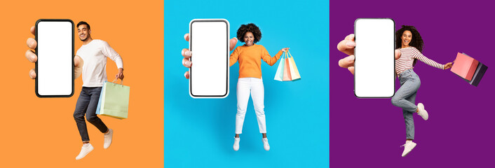 Joyful multiracial millennials jumping with shopping bags and phones
