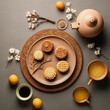 Mid-autumn festival mooncake minimalist style tea party table. Flat lay