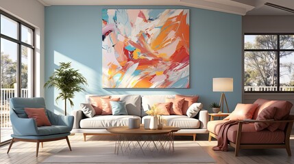 Poster -  a living room filled with furniture and a painting on the wall.  generative ai