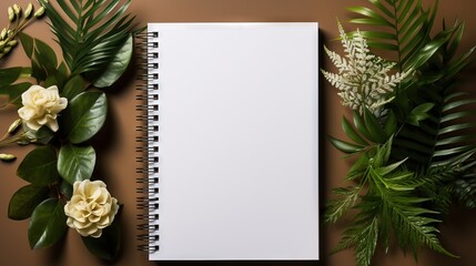 Canvas Print -  a notebook with a blank page surrounded by tropical leaves and flowers.  generative ai