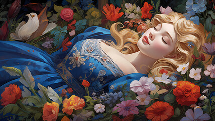 Canvas Print - hand drawn cartoon beautiful sleeping beauty illustration among flowers
