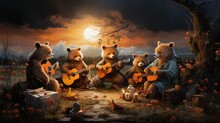  A Painting Of Bears Playing Guitar In A Forest At Night.  Generative Ai