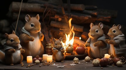 Wall Mural -  a group of little chipmuns sitting around a fire.  generative ai