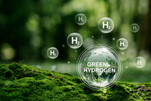 H2 Hydrogen Innovation Zero Emissions Technology.Globe Glass With H2 Icons. Reduce Carbon Dioxide And Greenhouse Gases Production Fuel Station. Renewable Fuel Green Energy.Green Hydrogen.