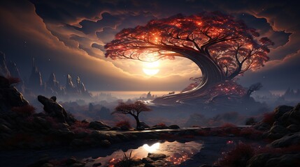 Wall Mural - a painting of a tree with a sunset in the background. generative ai