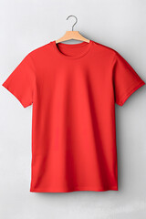 Wall Mural - Plain red color mockup on neutral background. Crowneck tshirt for your design, front view. Generative AI.