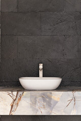 White exterior bathroom sink with grey wall stone