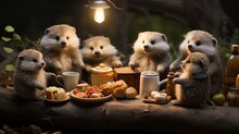  A Group Of Stuffed Animals Sitting At A Table With Food.  Generative Ai