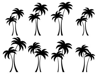Wall Mural - black palm trees set isolated on white background. silhouettes of palm trees with curved trunks. des
