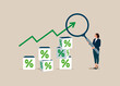 © Vadym - Woman hold magnifying glass with pile of cube block with percentage symbol icon. Interest rate hike due to inflation percentage rising up. Flat vector illustration.