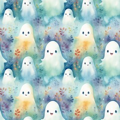 watercolor seamless pattern with cute smiling ghosts among colorful plants in the mist. generated ai