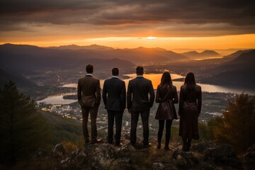 Diverse team dressed in suits on their way to success. Generative AI illustration