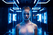 © ADDICTIVE STOCK - Generative AI illustration of naked android woman with long hair and futuristic art on body standing in dark room with neon lights while looking at camera