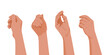 Set of isolated human hands, palm and fingers laid in gestures of holding or giving something. You need it for brochures, booklets where hand holds object, note or speech bubble. Vector illustration.