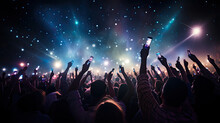 A Crowd Of People At A Live Event, Concert Or Party Holding Hands And Smartphones Up . Large Audience, Crowd, Or Participants Of A Live Event Venue With Bright Lights Above. Generative AI.