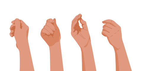 set of isolated human hands, palm and fingers laid in gestures of holding or giving something. you n