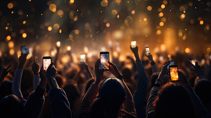 a crowd of people at a live event, concert or party holding hands and smartphones up . large audienc