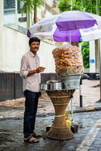 Panipuri Shop -happy Young Male Indian Roadside Vendor Selling Golgappe