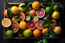 A Box Of Fresh Citrus Fruits Including Lemons, Limes And Oranges.