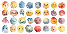 Collection Of Emoticons, Smiley Faces Painted With Watercolor. Set Isolated On Transparent White Background