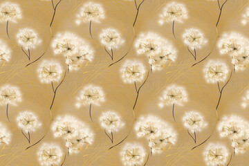 Wall Mural - Natural seamless pattern with dandelions.  Light golden background with organic shapes. Abstract minimalist design.