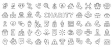 Charity Icons Set In Line Design. Donation, Volunteer, Helping, Care, Giving, Love, Support, Philanthropy, Protection, Charitable Organization Illustrations. Charity Icons Vector Editable Stroke.