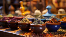 Exotic Colorful Spices And Herbs At The Market. Ceramic Pots Of Turkish Tea. Traditional Antique Stall 