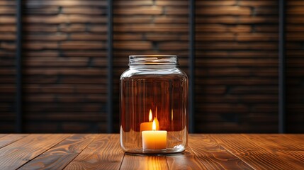 Wall Mural -  a lit candle in a jar on a wooden table in front of a wall.  generative ai