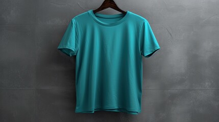 Wall Mural - Turquoise t-shirt on a hanger photo realistic illustration - Generative AI.