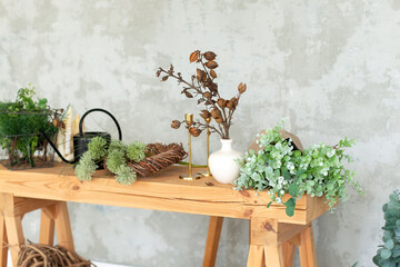 Wall Mural - Wooden table on which there are watering can, green plants, garden tools, dried flowers in vase and herbs against a background of a grey wall. Flowers shop. Stylish watering can with plants	
