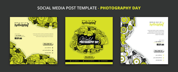 Green Social media post template with doodle art of cameras design for photography day campaign