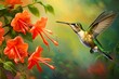 A Beautiful Female Ruby-Throated Hummingbird Closeup with Coral Honeysuckle Flower. Colourful Background with Copy Space. Generative AI