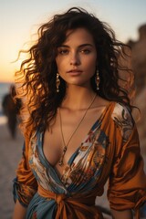 Wall Mural - Very attractive young woman at a wonderful beach at sunrise. Generative AI