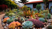California Dreamin': Beautiful Drought-Tolerant Landscaping With Succulents, Agave, And Cacti - A Colorful And Conscious Approach To Botany In A 16:9 Image: Generative AI