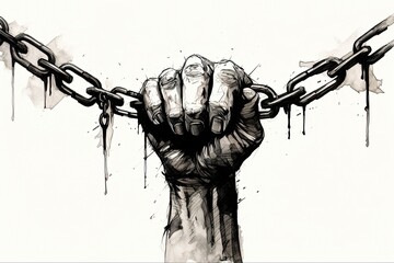 Breaking the Chains: Ink Drawing of Hand Breaking Free from Bondage of Chains and Handcuffs, Symbolizing Fight for Freedom and Struggle Against Slavery: Generative AI