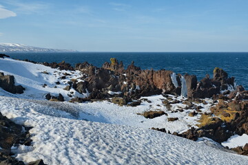 Wall Mural - Russia. Far East, Kuril Islands. Very hard and sharp basalt rocks along the coast of the Sea of Okhotsk on the island of Iturup.