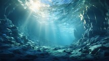  An Underwater View Of A Cave With Sunlight Streaming Through The Water.  Generative Ai