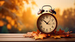 Daylight Savings Time Concept - Clock And Leaves On Wooden Table. Wintertime falls back.
Set your clocks back an hour. Generative AI

