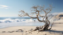  A Dead Tree On A Beach With Waves In The Background.  Generative Ai