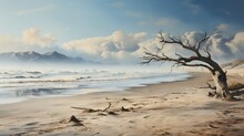  A Dead Tree On A Beach With A Mountain In The Background.  Generative Ai