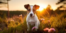 AI Generated. AI Generative. Jack Russell Terrier Dog Animal Pet Friend Mammal At Field Flowers. Nature Outdoor Sunset Landscape View. Graphic Art