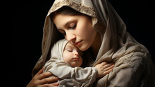  Holy Mary Holding Baby Jesus Christ In Her Arms. Graphic Representation. AI Generativ.