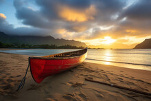 Old Red Hawaiian Canoe Abandoned On The Sandy Beach On Sunset. High Quality Photo